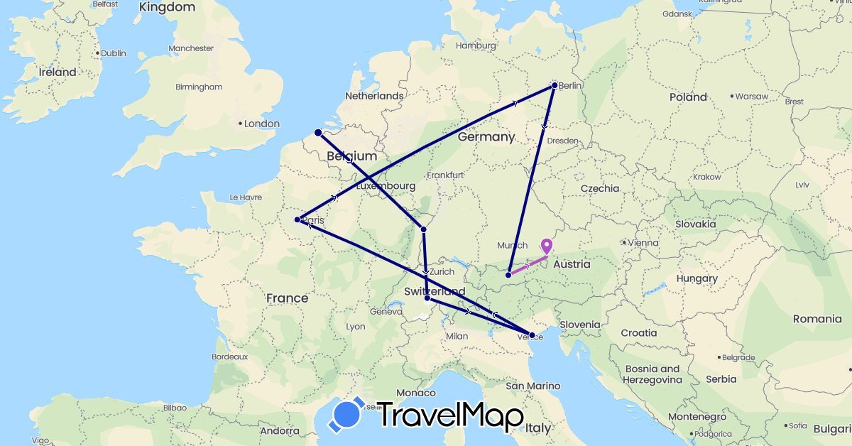 TravelMap itinerary: driving, train in Austria, Belgium, Switzerland, Germany, France, Italy (Europe)